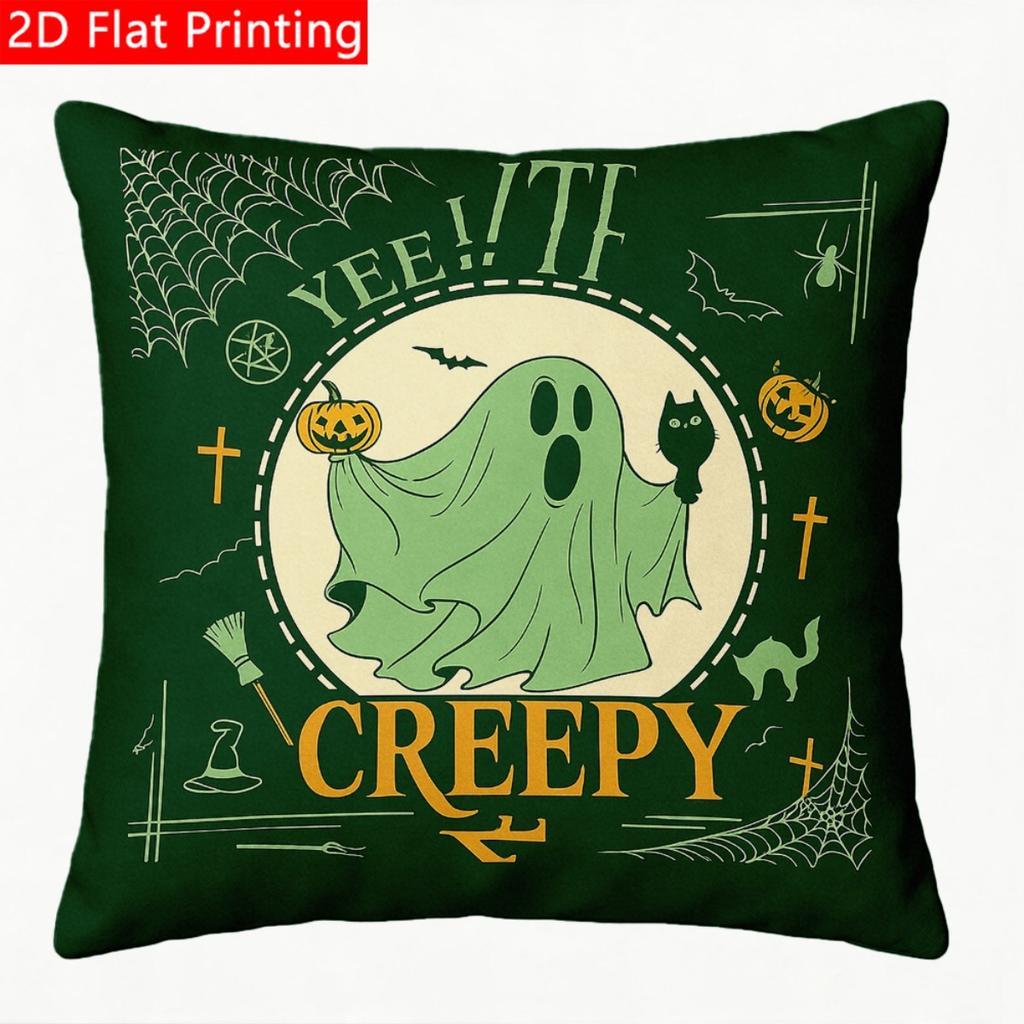 2D Flat - 1pc 2D Flat Throw Pillow Cover with Creepy Ghost Pumpkin Black Cat Halloween Graphic Print
