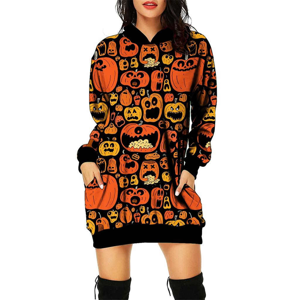 Women's And Winter Hooded Sweatshirt Dress Halloween Print Dress