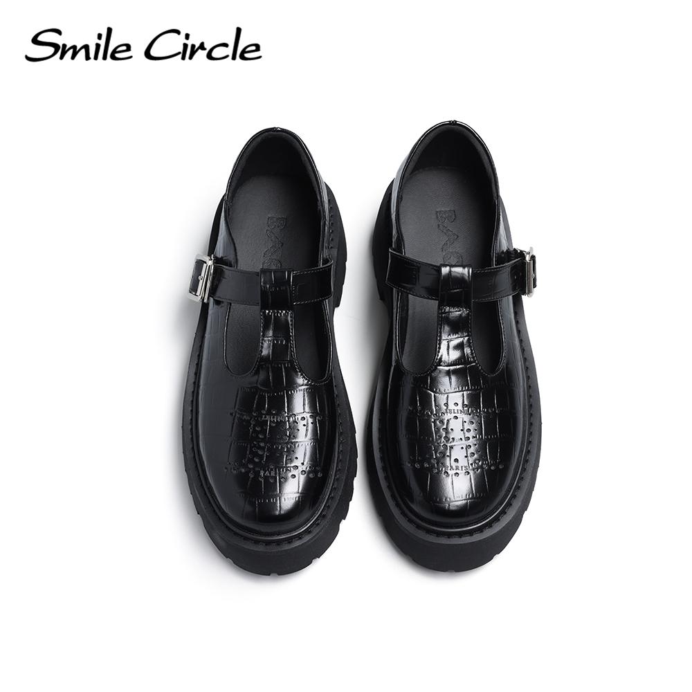 Кожаные женские туфли Мэри Джейн, туфли на плоской подошве с полой пряжкой, черная повседневная обувь на толстой подошве и толстом каблуке