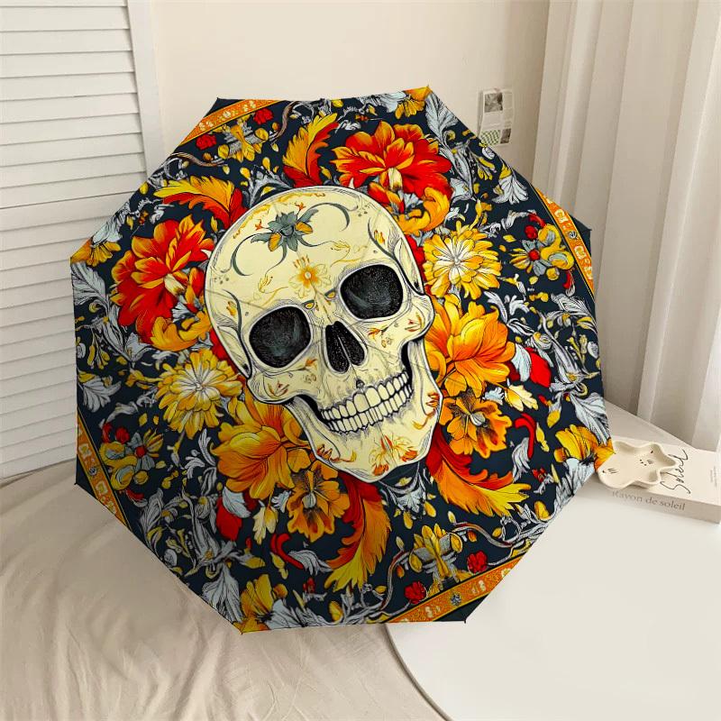 1PC Skull Flowers Umbrella-8-Rib Reinforced Portable Folding Travel Suitable for All Seasons Outdoor Daily Use Is an Ideal Choice -K0353