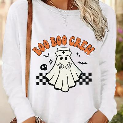 Топы для женщин Медсестра Призрак Принт Круглый вырез Длинный рукав Футболка Осенний повседневный тонкий пуловер Женский длинный рукав Топ