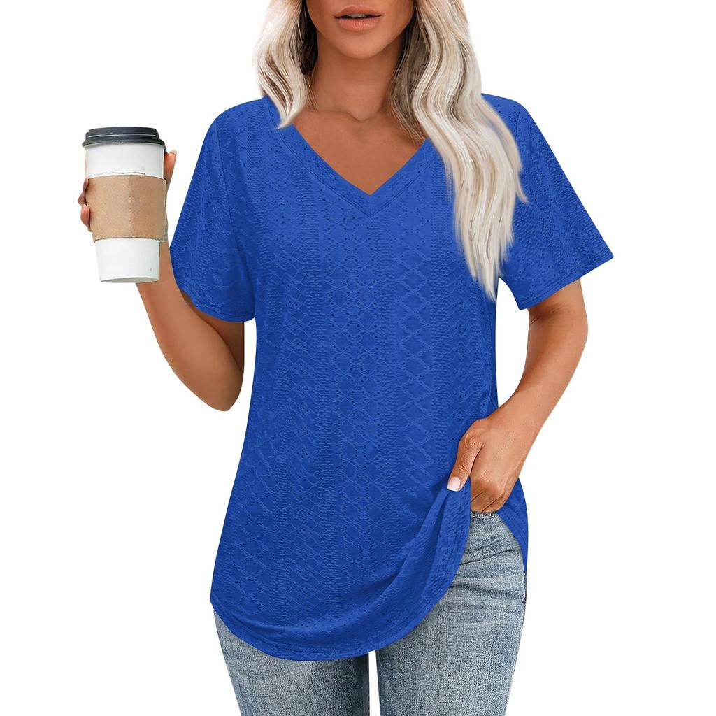 Womens T Shirts V Neck Short Sleeve Casual Tops Loose Fit Basic Tees With Curved Hem