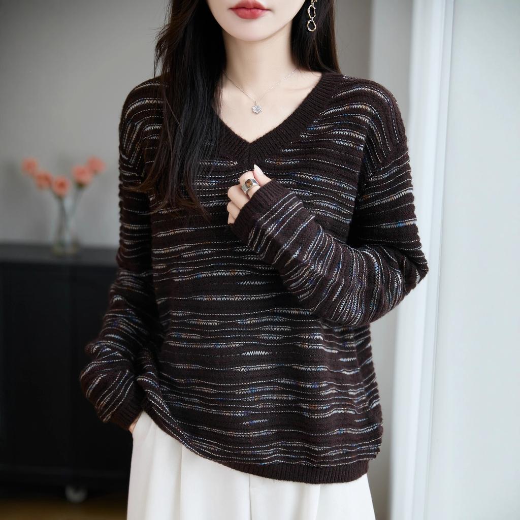 V Neck Gradient Color Knit Sweater Commute Style Autumn Thin