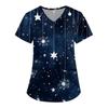 Women's Cute Printed Work Clothes V-neck Double Layer Pockets Basic Short Sleeve Top Pullover Christmas