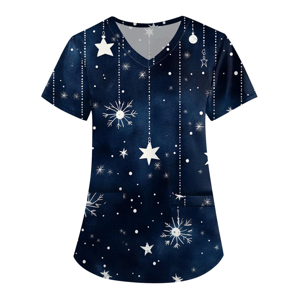 Women's Cute Printed Work Clothes V-neck Double Layer Pockets Basic Short Sleeve Top Pullover Christmas