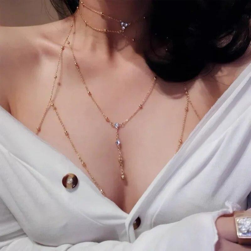Sexy Cross Breat Necklace for Women Sequin Chest Bra Waist Belt Belly Chain for Beach Bikini Romantic Body Jewelry 2023 Summer