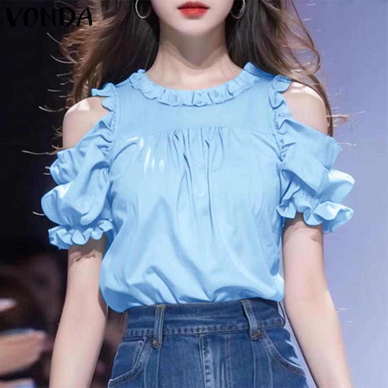 VONDA Женские летние однотонные блузки с круглым вырезом и открытыми плечами с коротким рукавом