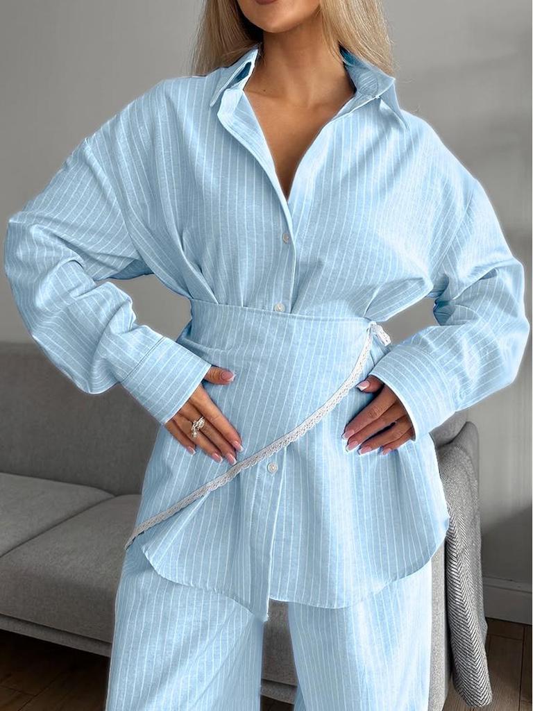 Свежий свободный кружевной полосатый трехпредметный комплект Осень 2025: Стильный повседневный дизайн