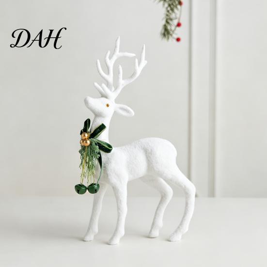 Christmas Season Home Ornaments White Flocked Elk Ornament, Ribbon Bell Decor 3D Standing Deer Decorative Window Display Accents Figurine, for Holiday