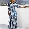 Women Spring Fall Dress Lace Up Tight Waist Striped Print Lapel Long Sleeve Single Breasted Full Length Soft Lady Party Prom Maxi Dress