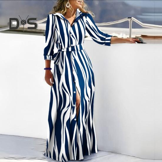 Women Spring Fall Dress Lace Up Tight Waist Striped Print Lapel Long Sleeve Single Breasted Full Length Soft Lady Party Prom Maxi Dress