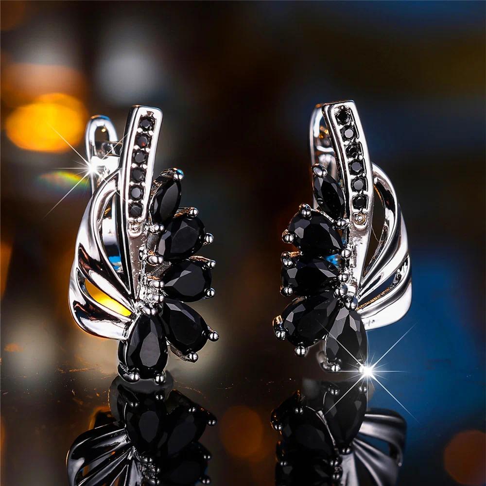 Изысканные синие зеленые серьги-кольца с цирконием для женщин, серебряные висячие серьги с цветком, элегантные вечерние украшения