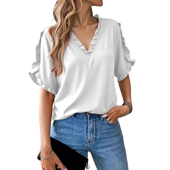 Женская рубашка с V-образным вырезом, оборками, рукавами-лепестками, однотонные топы свободного кроя, повседневная офисная дорожная рубашка
