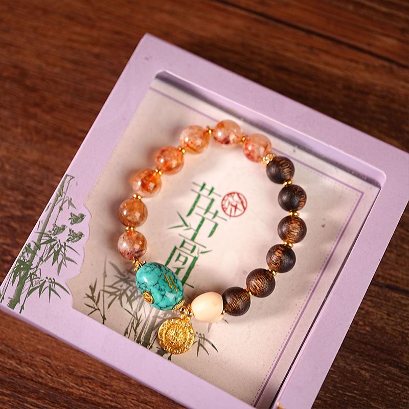 Elegant Chinese Beaded Agarwood & Crystal Bracelet with Retro Pendant for Women