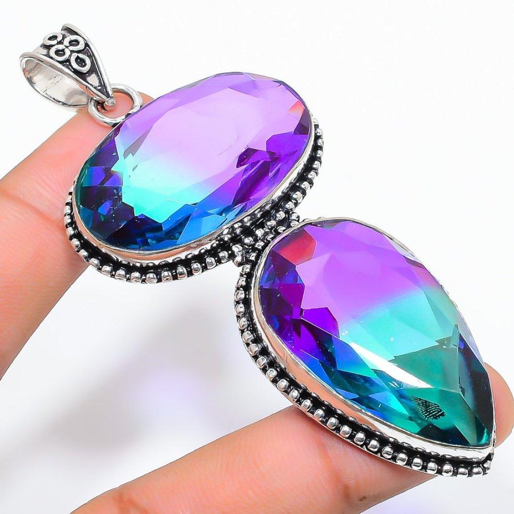 Bi-Color Tourmaline Gemstone Handmade 925 Sterling Silver Pendant 3.43" F3R08