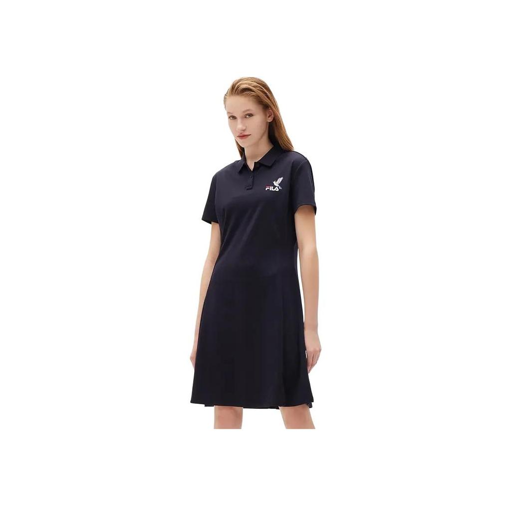Fila Однотонное платье А-силуэта с короткими рукавами и логотипом-буквой, модное, повседневное, женское платье, легендарно-синее F51W228310FNV