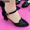 5cm Black Mesh Hollow Sandals Buckle StrapPointed Toe Soft Sole Women's Thick Heels High Heels Spring and Summer