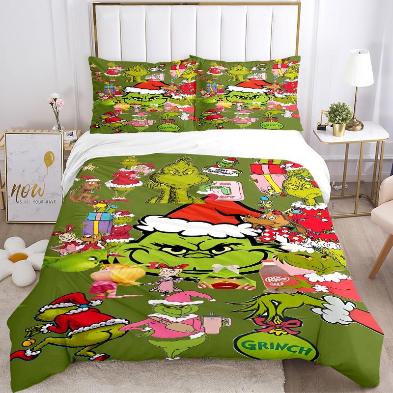 3Pcs Grinch Christmas Celebration Bedding Sets For All Sizes New 3D Printed Bed Cover Comforter Duvet Cover Pillowcase Bedroom Decoration