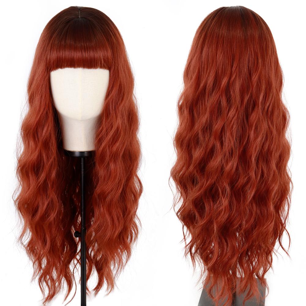 MERISIHAIR Long Ombre Synthetic Orange Red Black Pink Wigs with Bangs Water Wave Synthetic Heat Resistant Fiber Wigs for Women