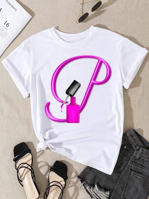 Summer Women's Short Sleeve T-shirt Dazzle Nail Polish Letter Print Large Size Shirt Fashion Girl Crewneck Tshirt Aesthetic Tee