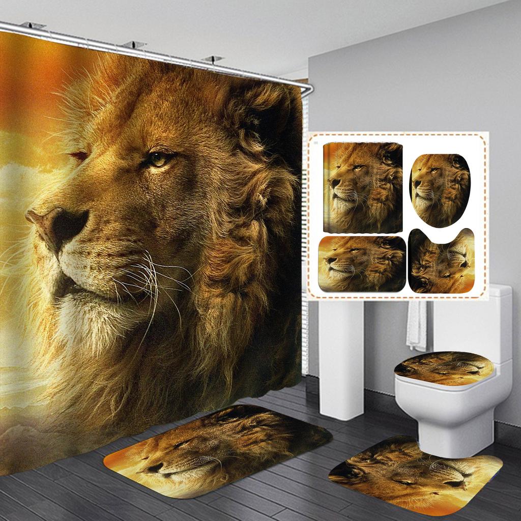 4 шт. наборы занавесок для душа серии Lion для ванной комнаты, нескользящие коврики для ванной комнаты, крышка для унитаза, коврик для ванной