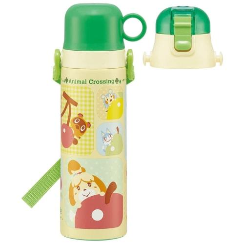 Skater Kids' Stainless Steel Water Bottle, 2-Way Design, 580ml (Direct Drinking) or 570ml (Cup Drinking), Animal Crossing Design, Lightweight and Chil