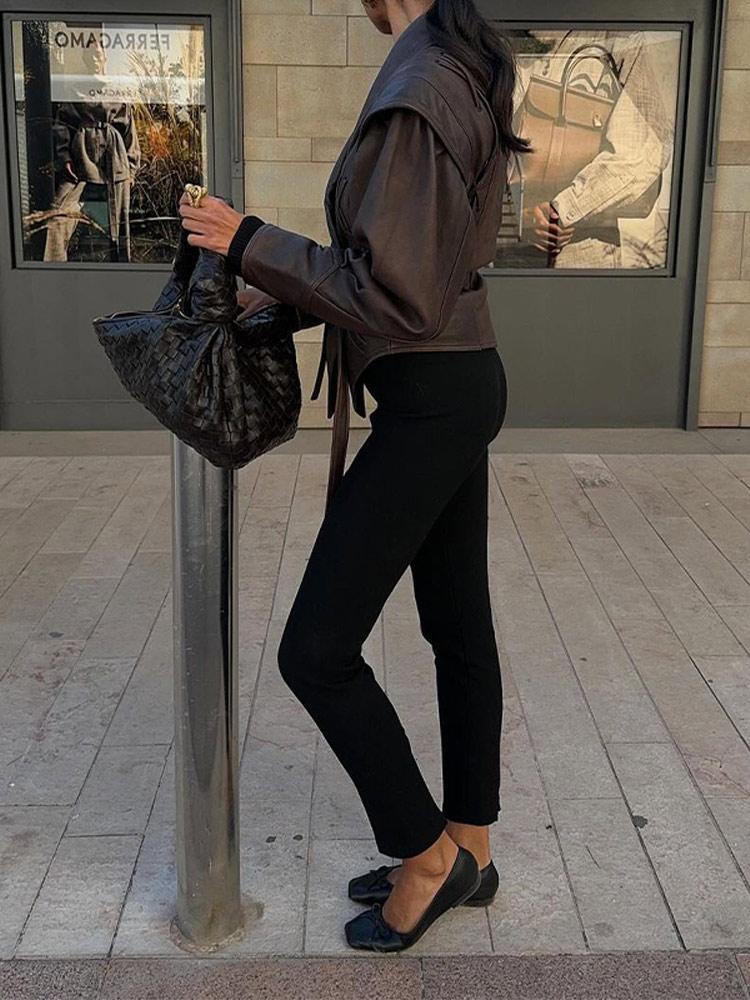 Модная кожаная женская короткая куртка с поясом, отложным воротником, длинным рукавом, мотоциклетное пальто, женская зимняя теплая уличная верхняя одежда