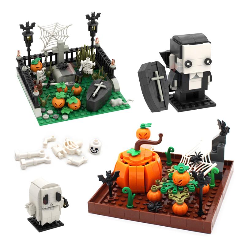 Детская блочная игрушка на Хэллоуин Подарок MOC Сцена с тыквой Модель Вампир квадратноголовый Модель кладбища Крест гроб летучая мышь Паук Череп Человек