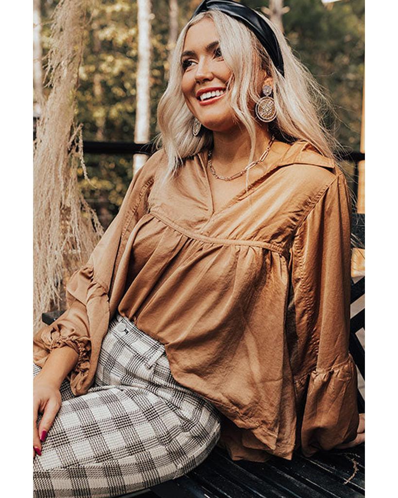 Azura Exchange Brown Puff Sleeve Collared Pleated Babydoll Blouse