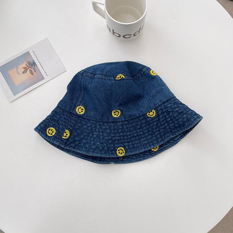 Simple Cartoon Embroidered Denim Bucket Hat Women Harajuku Retro Basin Hat Spring and Summer Sun Protection Visor Men