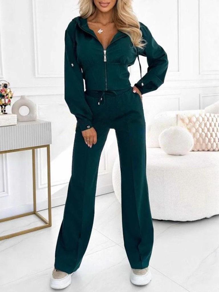 2025 Autumn/Winter Solid Color Hooded Zip-Up Top & Wide-Leg Pants Two-Piece Set