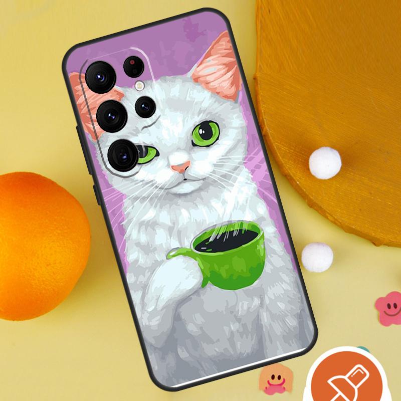 Cute Animal Cat Coffee Case For Samsung Galaxy S25 Ultra S24 S23 S22 S21 Ultra S9 S10 S20 Plus S24 FE Funda Cover