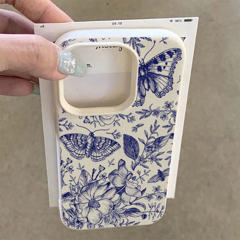 Vintage Blue Butterfly Flower Lichee Pattern Phone Case For iPhone 17 Air 16 Pro Max 15 Plus 13 12 Pro Max X XR XS Soft Cover
