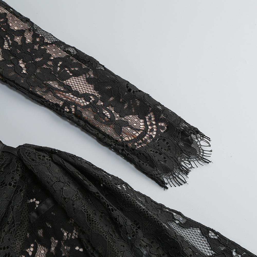 Европейское и американское сексуальное кружевное платье-сетка с корсетом на косточках – с длинными рукавами, осенне-зимняя короткая юбка