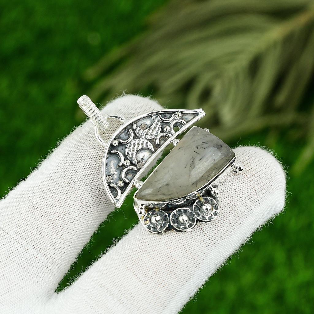 Trillion Natural Black Rutile Sterling Silver Mother Bezel New Pendant Jewelry