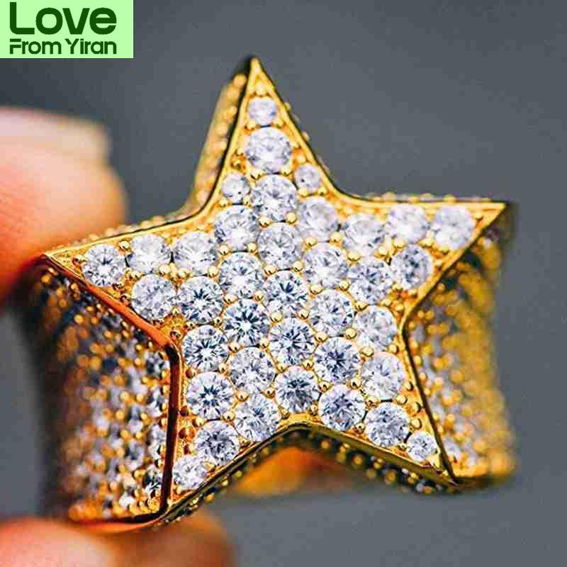 Milangirl New Hip Hop Rock Five Star Rings Men Luxury Gold Silver Color Rhinestones Zircon Pentagram Rings Women Wedding Party