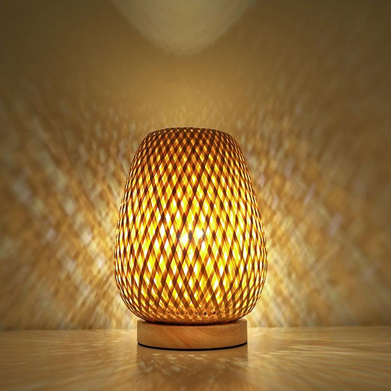 Small Rattan Table Lamp Dimmable Beside Lamp Vintage Wicker Wooden Night Stand Lamp for Bedroom Living Housing Home Room