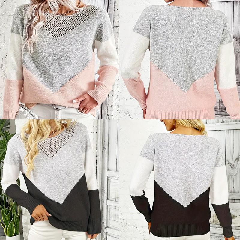 Womens Knit Sweater Crew Neck Color Block Pullover Top Casual Basic Long Sleeve