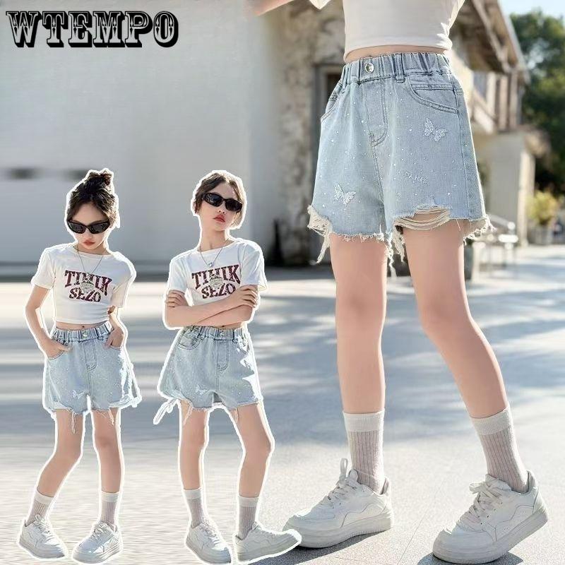 Девичьи джинсовые шорты с тиснением, детские модные перфорированные шорты, тренд модной летней одежды
