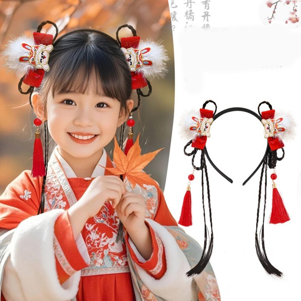 Tassel Children Wig Headband Flower New Year Hair Accessories Hanfu Headwear  Year of the Horse
