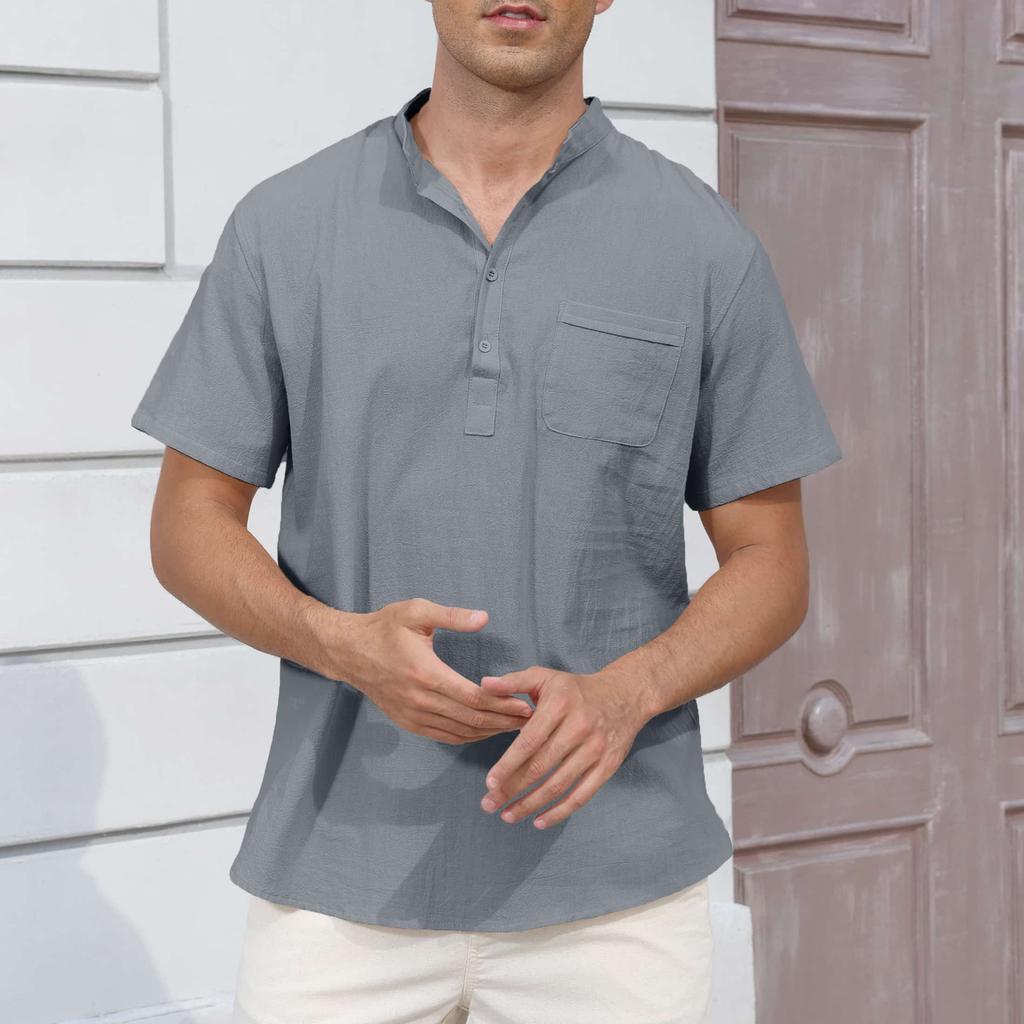 Летняя новая мужская легкая хлопково-льняная футболка с коротким рукавом и вырезом хенли - Дышащие повседневные однотонные топы, футболки базового стиля