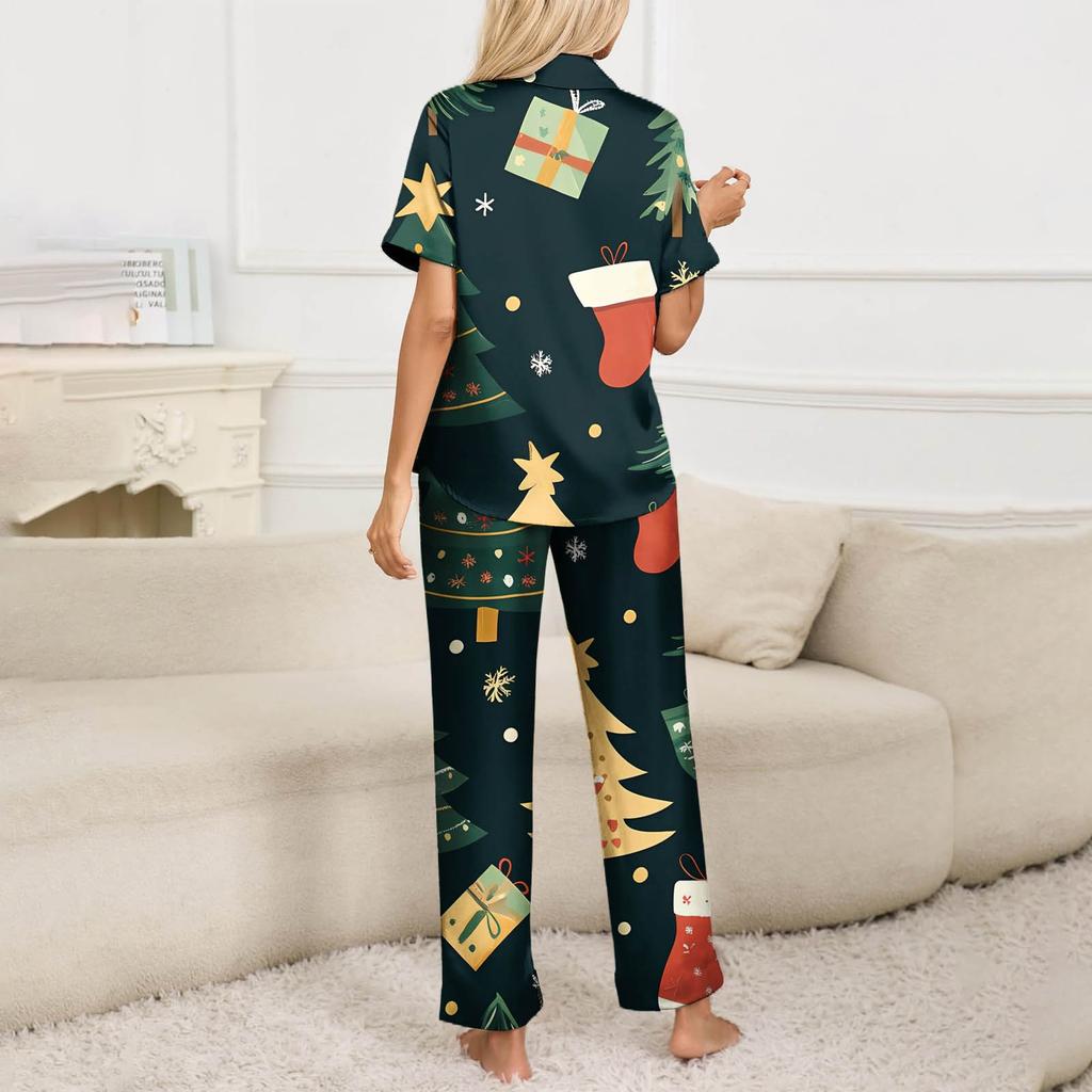 Женский рождественский пижамный комплект с принтом, женские короткие рукава, длинные брюки, комплект из двух предметов, застегивающийся на пуговицы, домашняя одежда