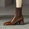 Cow Skin Autumn Winter Shoes Thick Med Heels Size 43 Western Boots Slip On Stretch Knitwear Ankle Boots