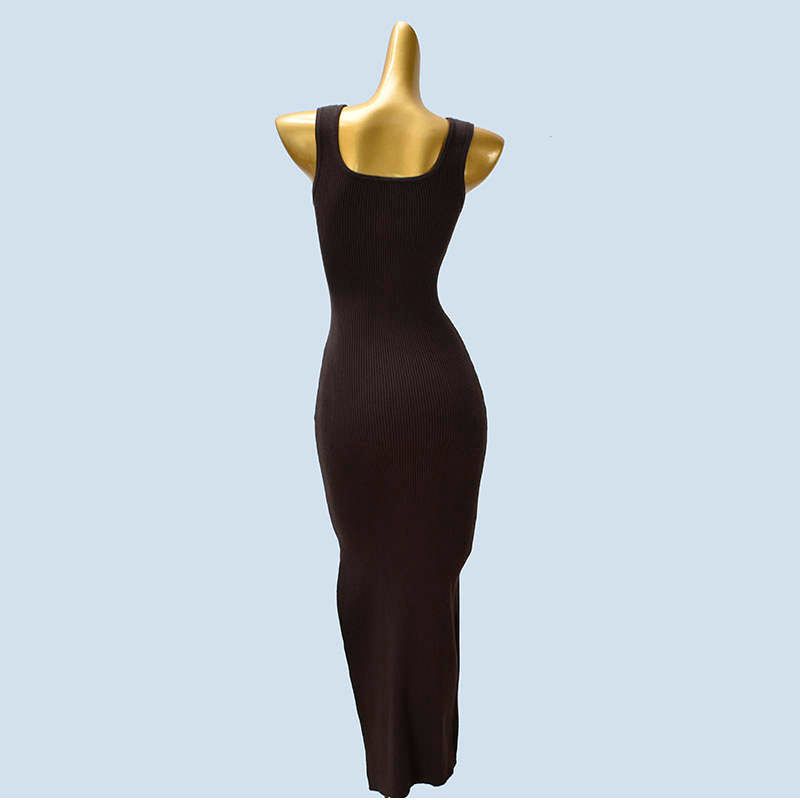 Knitting Sling Dress Women's Spring and Autumn Sexy Square-Neck Collarbone Slit Slim-Fitting Hip-Wrapped Sleeveless Long Dress Show Figure