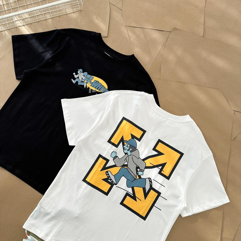 Off-White 2025 Лето Новинка Run Quickly Blue Man Футболка с принтом желтой стрелки и короткими рукавами для мужчин и женщин Парная футболка