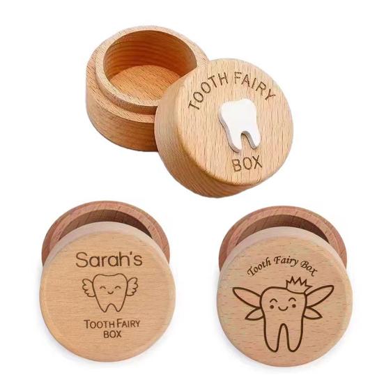 Коробочка для молочных зубов Деревянная круглая Коробка для хранения молочных зубов Футляр для хранения детских зубов Подарок на день рождения, крестины для мальчиков и девочек