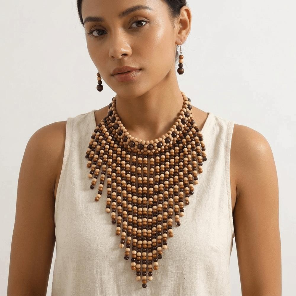 1920s Necklace Earrings Set Wood Ear Studs Elegant Tassel Necklace Evening
