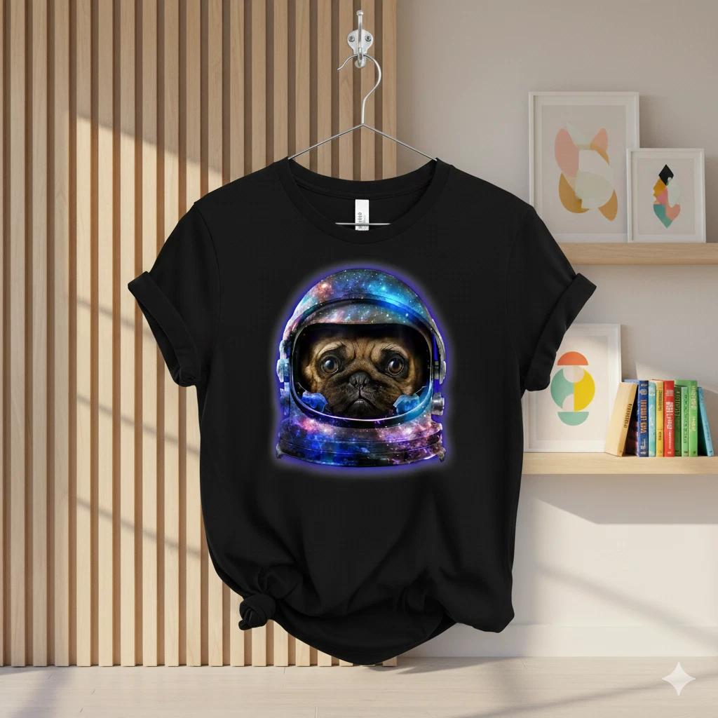 Men's and Women's T-shirts Pug Astronaut Space Helmet