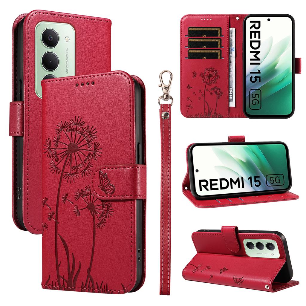 Для Xiaomi Redmi 15 4G (США) (171 мм) Кожаный чехол-кошелек с ремешком, тиснение «Одуванчик», подставка для телефона