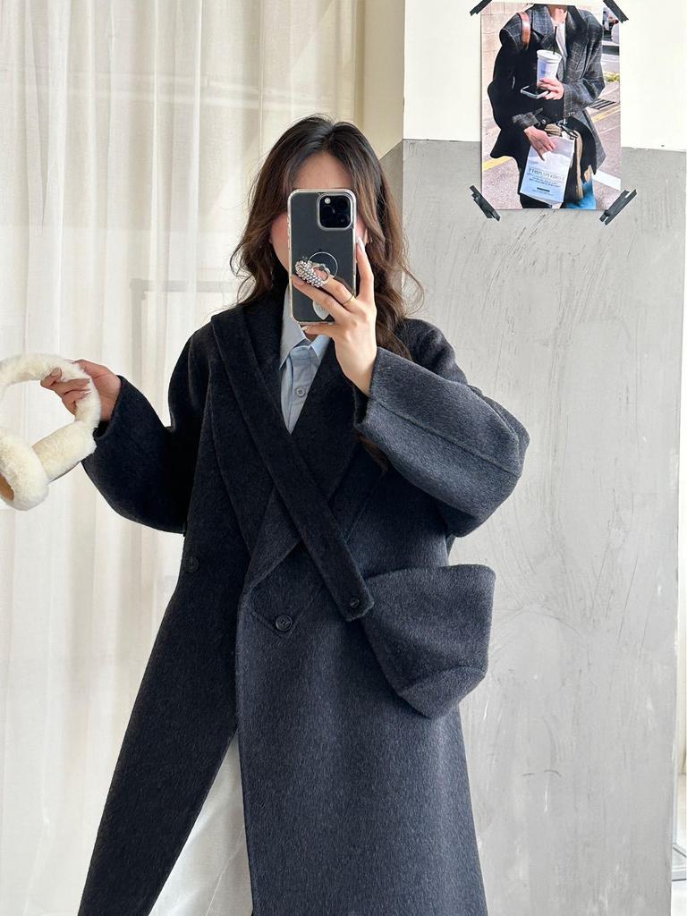 2025 Осень/Зима Женское Очень Длинное Миниатюрное Двустороннее Шерстяное Пальто Корейского Стиля с Лацканами